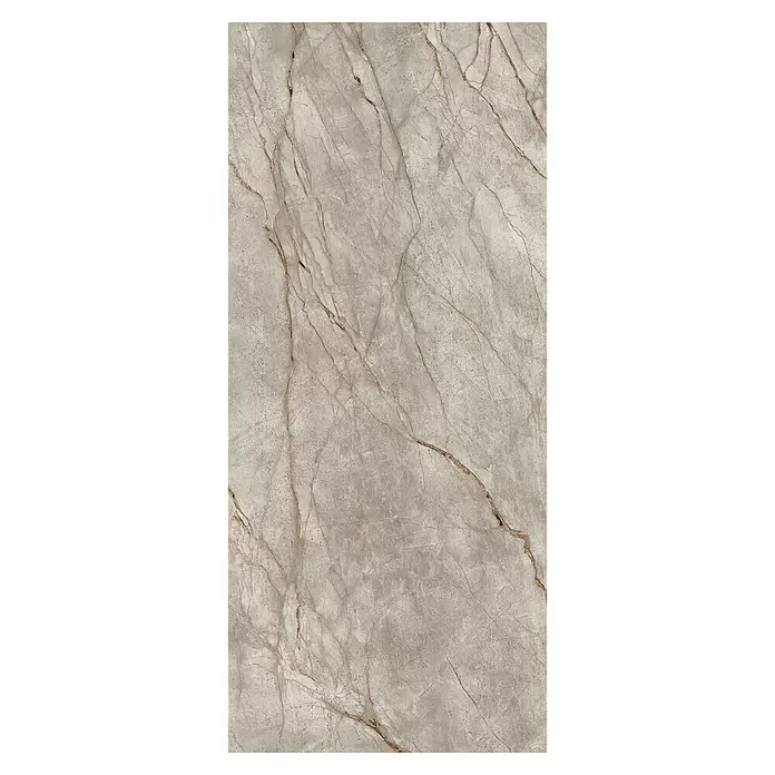 Corso Italia Feinsteinzeugfliese Crimson - 120 x 278 cm, Grau, Glänzend - Hellgraue Marmoroptik-Fliese mit rötlich-braunen Adern.