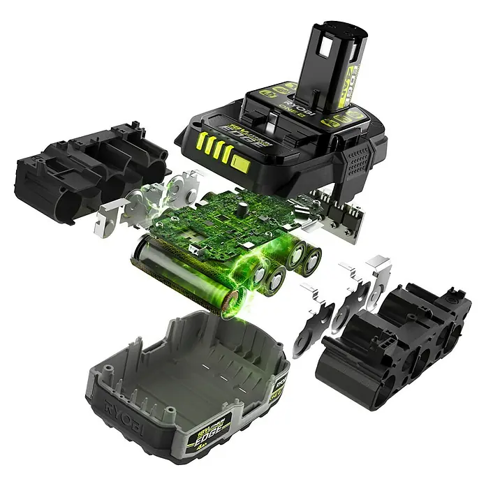 Ryobi ONE+ Akku Edge RB1840E - 18 V, 4 Ah - Explosionsansicht eines Ryobi ONE+ Akkus mit hervorgehobener EDGE Technologie für optimierte Leistung und längere Laufzeit.