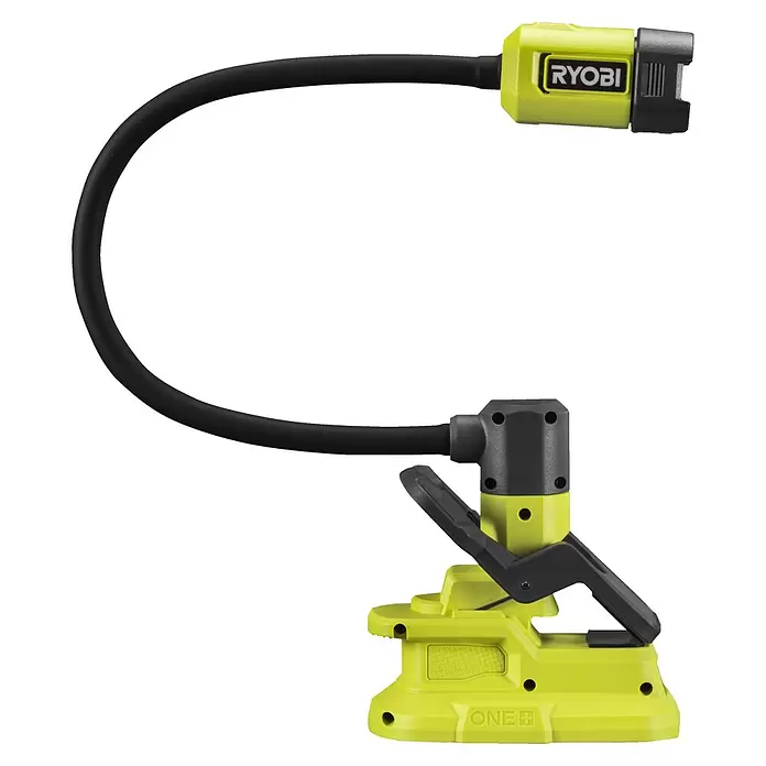 Ryobi ONE+ LED-Akkustrahler RLCF18-0 - 400 lm - Ryobi ONE+ LED-Arbeitsleuchte mit flexiblem schwarzem Schwanenhals und lindgrünem Sockel.