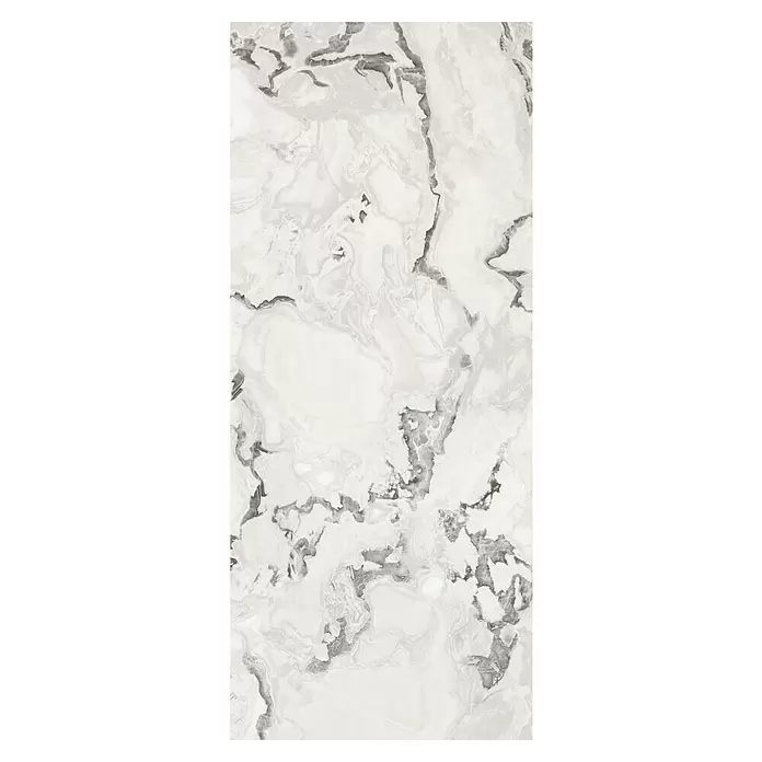Corso Italia Feinsteinzeugfliese Lunar - 120 x 278 cm, Grau, Glänzend - Rechteckige weiße Marmorplatte mit kräftiger dunkelgrauer Maserung.