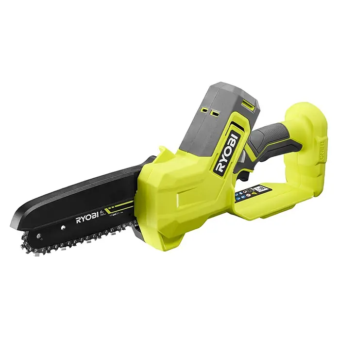 Ryobi ONE+ Akku-Astsäge RY18PS15A-0 - 18 V, Li-Ionen, Ohne Akku, Schwertlänge: 15 cm - Abbildung einer Ryobi Akku-Kettensäge, ein Werkzeug zum Schneiden von Ästen und kleineren Stämmen. Die Säge ist in Gelb, Grau und Schwarz gehalten.