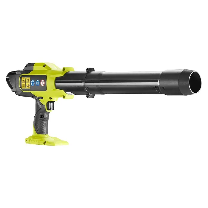 Ryobi ONE+ Akku-Laubbläser RY18BLCXA-0 - 18 V, Ohne Akku, Blasgeschwindigkeit: 241,4 km/h, Blasleistung: 6,51 m³/min - Abbildung eines gelben Ryobi ONE+ Akku-Blasgeräts mit schwarzem Blasrohr, das für Gartenarbeiten und das Entfernen von Laub oder Schmutz konzipiert ist.