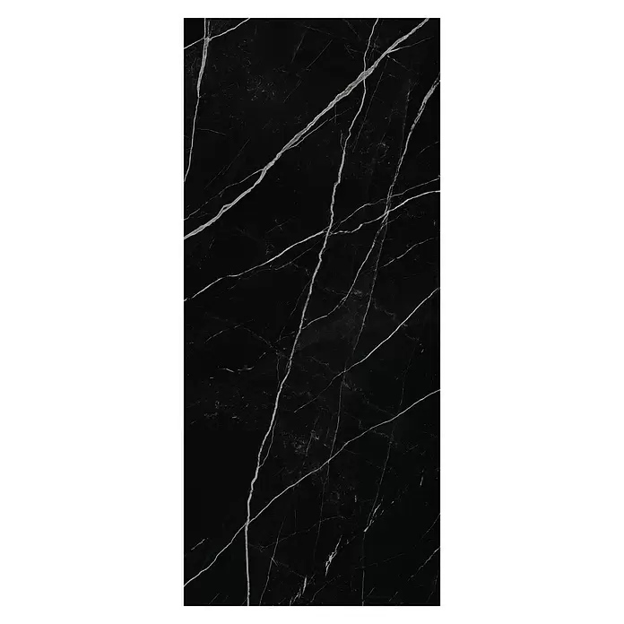 Corso Italia Feinsteinzeugfliese Calacatta - 120 x 278 cm, Schwarz, Glänzend - Schwarze Marmoroberfläche mit ausgeprägten weißen Adern.