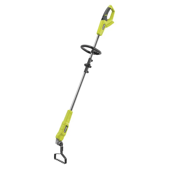 Ryobi ONE+ Akku-Bodenhacke RY18GHA - 18 V, Anzahl Akkus: Ohne Akku, Li-Ionen - Das Bild zeigt einen gelb-schwarzen Ryobi Rasenkantenschneider, ein Werkzeug für die Gartenarbeit, das auf dunklem Hintergrund abgebildet ist.