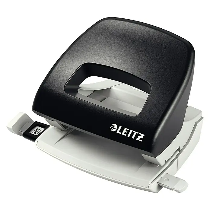 Leitz Locher New NeXXt - L x B x H: 100 x 98 x 84 mm - Das Bild zeigt einen Bürolocher der Marke Leitz in Schwarz und Weiß, der für das Abheften von Dokumenten im Büro unerlässlich ist.