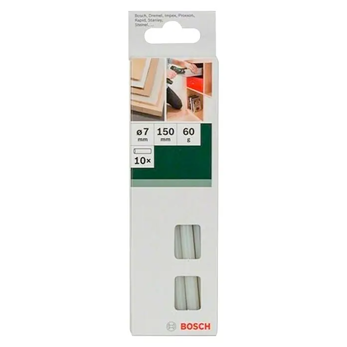 Bosch Klebepatronen - 10 Stk., Durchmesser Klebepatrone: 7 mm, Milchig Weiß - Abbildung eines Bosch-Produktes: 10er-Packung mit Klebestiften mit den Maßen Ø7 x 150 mm und einem Gewicht von 60 g.