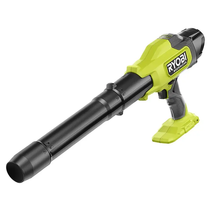 Ryobi ONE+ Akku-Laubbläser RY18BLCXA-0 - 18 V, Ohne Akku, Blasgeschwindigkeit: 241,4 km/h, Blasleistung: 6,51 m³/min - Aufsicht auf einen RYOBI Akku-Laubbläser.