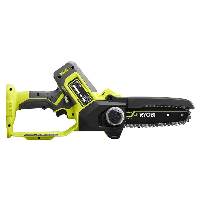 Ryobi ONE+ Akku-Astsäge RY18PS15A-0 - 18 V, Li-Ionen, Ohne Akku, Schwertlänge: 15 cm - Abbildung einer RYOBI Akku-Kettensäge.