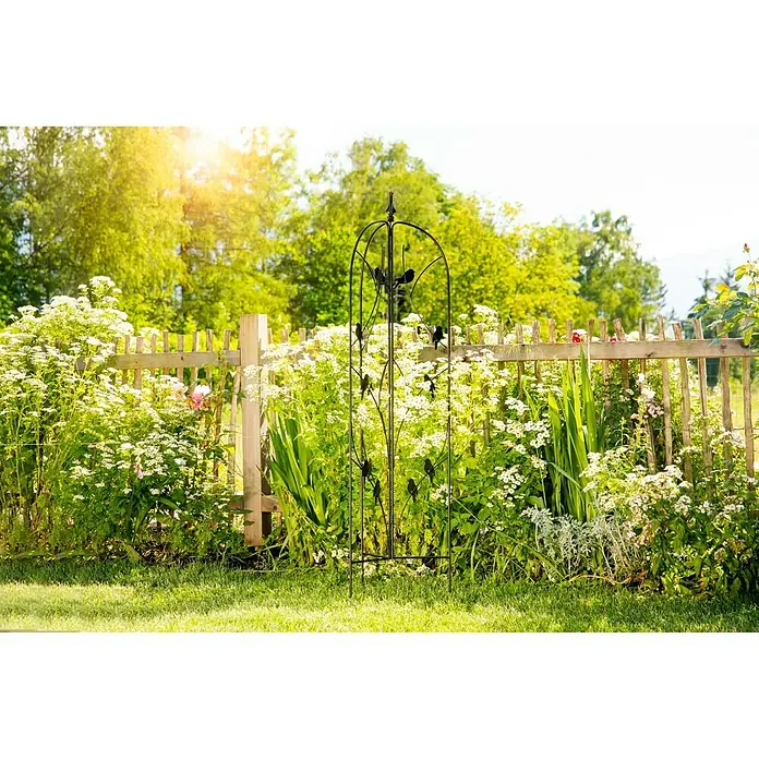 Windhager Rankgitter Bird 3-teilig - B x H: 39 x 154 cm, Metall, Schwarz - Gartenszene mit einem schwarzen Rankgitter mit Vogelmotiven, das als dekoratives Element im Garten dient und Pflanzen Halt bietet.