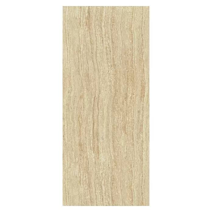 Corso Italia Feinsteinzeugfliese Traventino - 120 x 278 cm, Sand, Matt - Hellbraune Keramikfliese mit vertikalem, gewelltem Natursteinmuster.