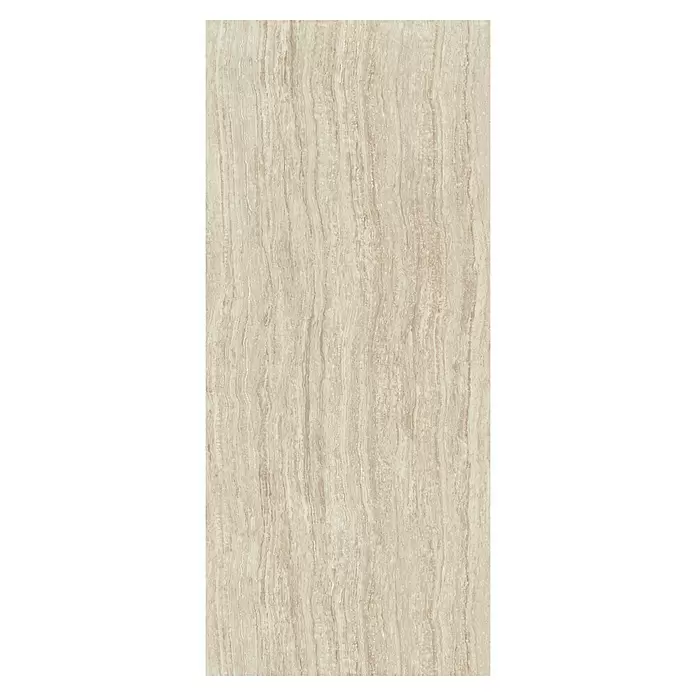 Corso Italia Feinsteinzeugfliese Traventino - 120 x 278 cm, Beige, Matt - Helle beigefarbene Fliese in Steinoptik mit subtilen vertikalen Wellenmustern, ideal für moderne Oberflächen.