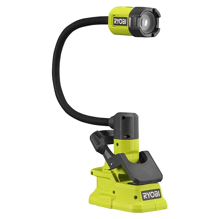 Ryobi ONE+ LED-Akkustrahler RLCF18-0 - 400 lm - Eine limettengrüne und schwarze Ryobi flexible Arbeitsleuchte mit Schwanenhalsarm und LED-Scheinwerferkopf.
