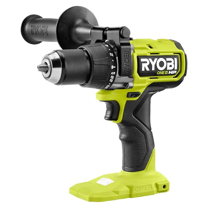 Ryobi ONE+HP Akku-Schlagbohrschrauber RPD18X1-0 - 18 V, Ohne Akku, 105 Nm - Abbildung eines Akku-Bohrschraubers Ryobi ONE+ HP mit Zusatzhandgriff, ideal für anspruchsvolle Bohr- und Schraubarbeiten.