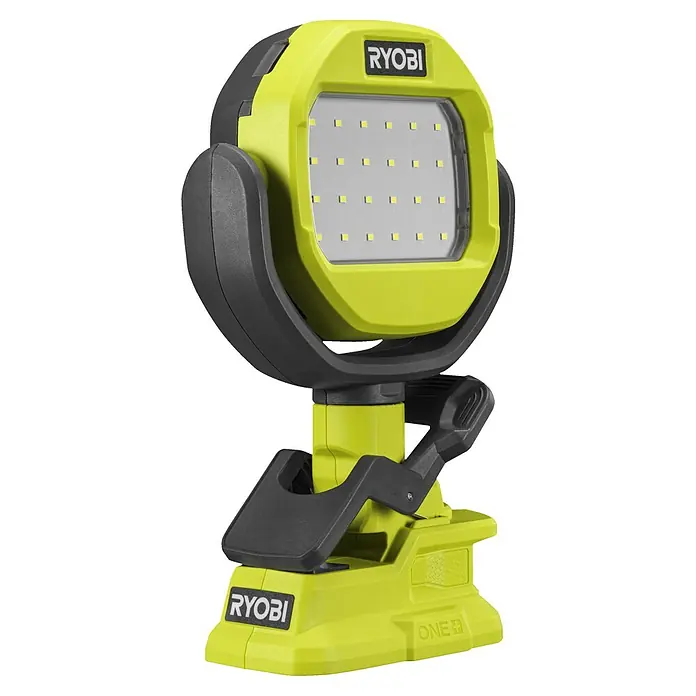Ryobi ONE+ LED-Akkustrahler RLCL18-0 - 18 V, Ohne Akku, 800 lm - Das Bild zeigt einen Ryobi ONE+ Akku-LED-Arbeitsstrahler mit hellem Licht und robustem Design. Ideal für Baustellen und Werkstätten.