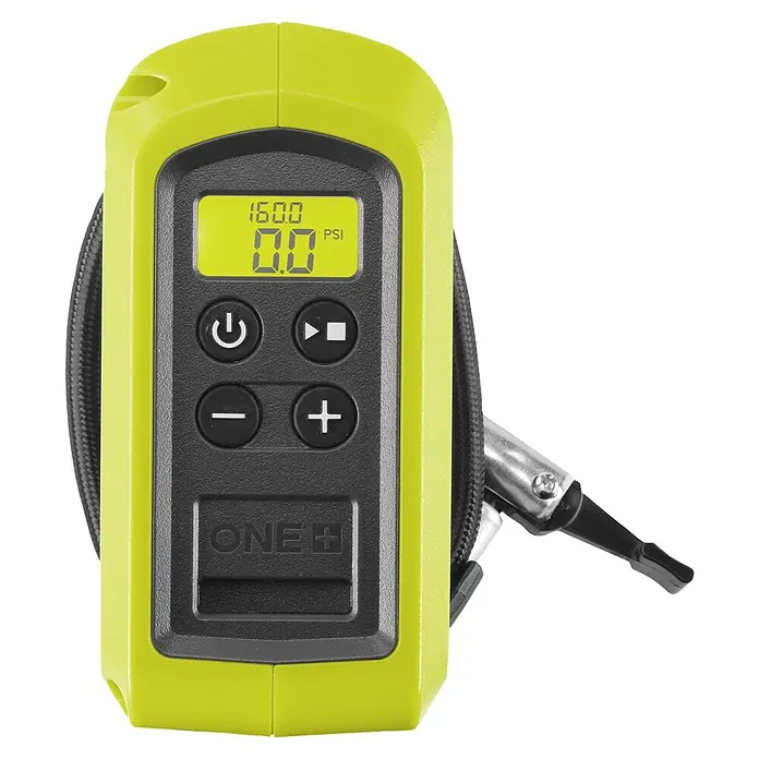 Ryobi ONE+ Akku-Kompressor RPI18-0 - 18 V, Ohne Akku, 10,3 bar - Nahaufnahme einer Ryobi ONE+ Luftpumpe mit digitaler Anzeige, die 0.0 PSI anzeigt, mit gelbem Gehäuse und Bedienelementen.