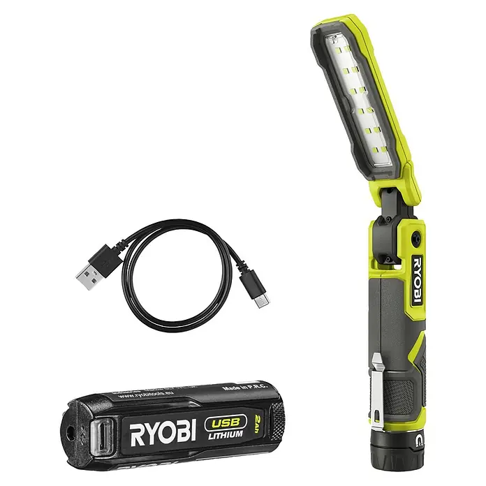 Ryobi 4V USB Akku-Stableuchte RLI4-120G - 4 V, 1 Akku, 2 Ah - RYOBI Inspektionsleuchte mit USB-Akku und Ladekabel. Eine praktische Leuchte für Werkstatt und Hobby mit langer Akkulaufzeit und hoher Lichtleistung.