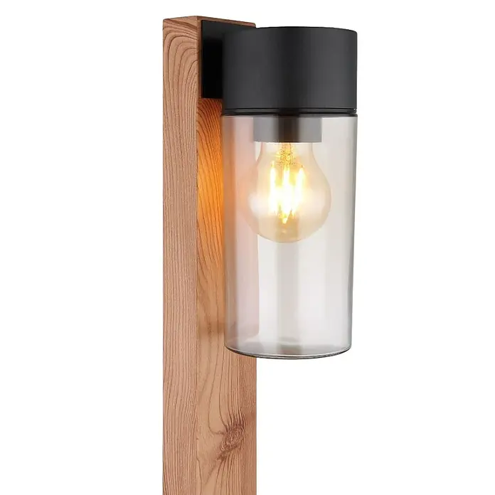 Globo Außensockelleuchte Etsi - 40 W, Farbe Gehäuse: Anthrazit, Holz, 9 x 14,5 x 100 cm, Ohne Leuchtmittel - Moderne Wandleuchte mit Holzelement, schwarzem Lampenkopf und einem klaren Glaszylinder, der eine Edison-Glühbirne umschließt.
