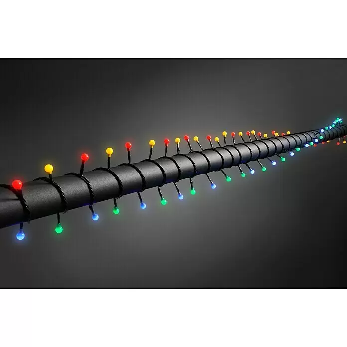 Konstsmide LED-Lichterkette Globe - Außen, Lichtfarbe: Mehrfarbig, Anzahl Leuchtmittel: 160 Stk., Netzbetrieben - Mehrfarbige LED-Lichterkette mit kleinen runden Glühbirnen, spiralförmig um ein schwarzes Rohr gewickelt.