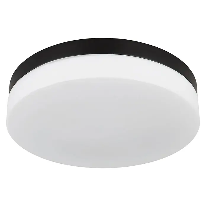 Globo Außenwand- & Deckenleuchte Vranos - 40 W, Ø x H: 24 x 6,5 cm, Anthrazit, IP44 - Die Nahaufnahme zeigt eine runde, weiße Deckenleuchte mit einem schmalen schwarzen Rand. Die Lampe hat eine glatte, matte Oberfläche.