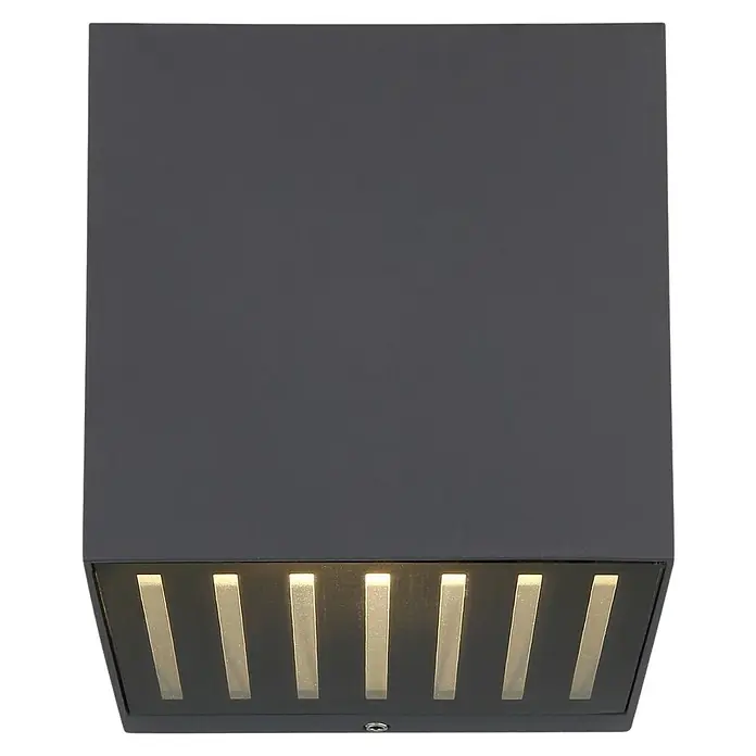 Globo Außenwandleuchte Illi - 6 W, Schwarz, 10 x 10 x 10 cm, IP54 - Eine moderne, graue LED-Wandleuchte mit dekorativen Lichtschlitzen, ideal für Außenbereiche und zur stilvollen Beleuchtung von Wegen und Eingängen.