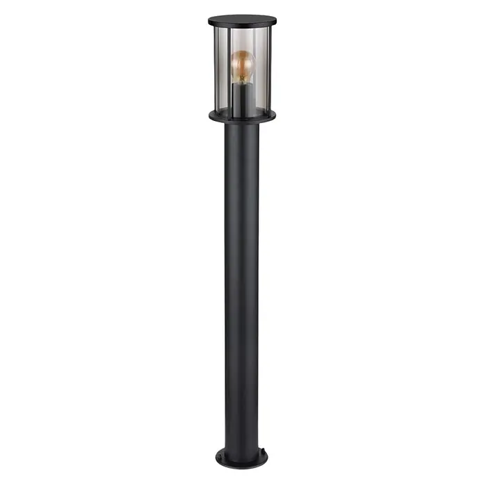 Globo Außensockelleuchte Gracey - Ohne Sensor, 60 W, IP54, Höhe: 100 cm - Eine stilvolle, schwarze Außenleuchte mit einem klaren, zylindrischen Lampenschirm und einer warmen Glühbirne.