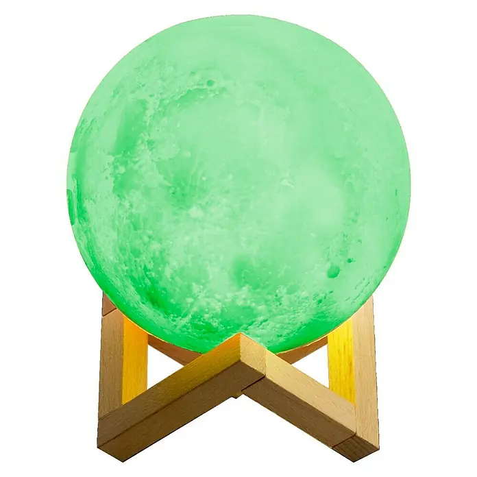 Voltomat Tischleuchte Luna - 15 W, Weiß, RGB - Grünes Mondlicht auf Holzständer. Beleuchtungskörper in Form des Mondes, ideal für entspannende Atmosphäre im Raum.