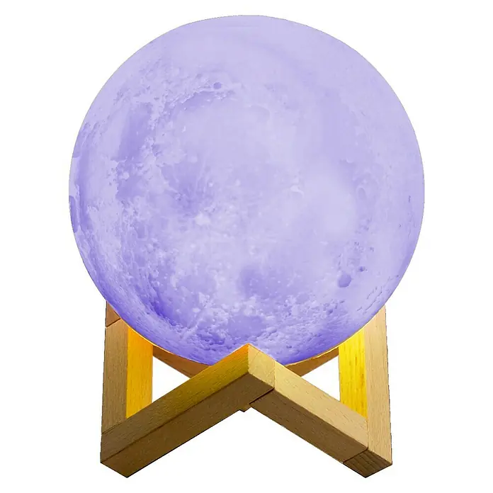 Voltomat Tischleuchte Luna - 15 W, Weiß, RGB - Lilafarbene Mondlampe auf Holzständer. Ein dekoratives und beruhigendes Nachtlicht für jedes Zimmer.