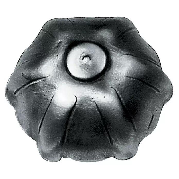 Lienbacher Türknopf Port 388 - Schmiedeeisen, Schwarz - Dunkelgraue, muschelförmige Metall-Zierkappe mit erhabenem Mittelkreis.