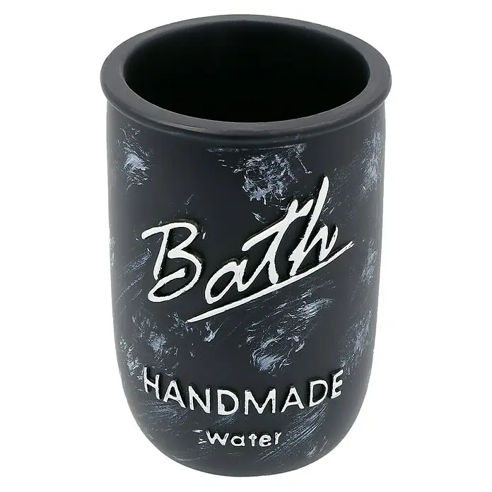 Venus Bath Zahnputzbecher - Polyresin, Schwarz/Weiß - Schwarzer Bad-Becher mit weißer Aufschrift "Bath", "Handmade" und "Water" für Badezimmeraccessoires.
