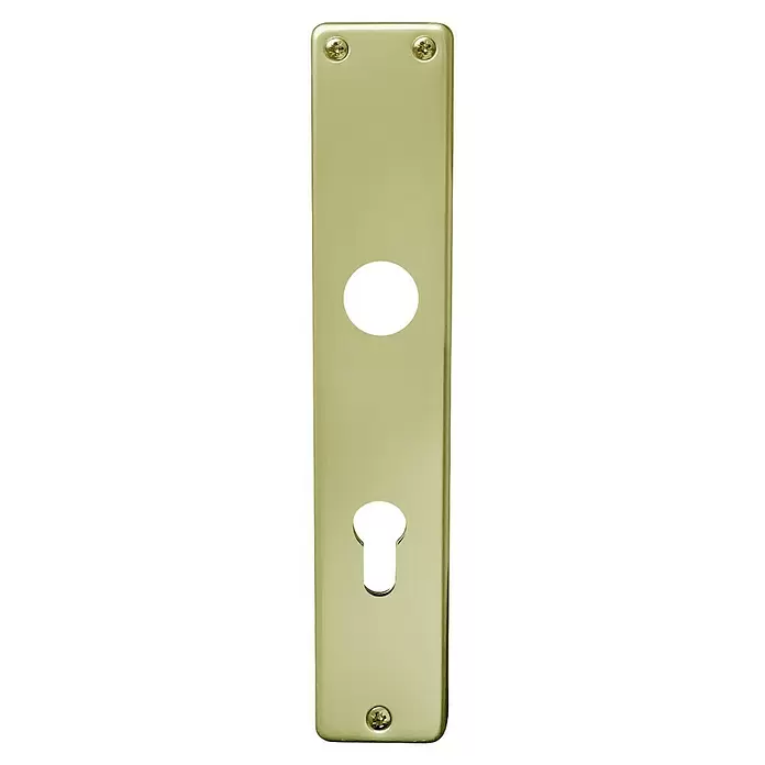 Lienbacher Langschild Europa - Gold, Profilzylinder PZ, Langschild - Goldfarbenes Türschild mit rundem Griffloch, Schlüsselloch und vier Sternschrauben.