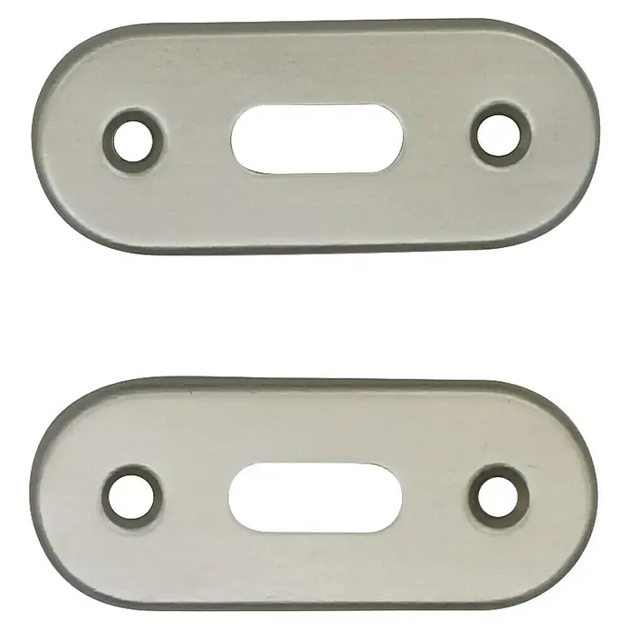 Lienbacher Rosette - Oval, L x B: 67 x 28 mm, Aluminium, 2 Stk. - Zwei längliche, silberfarbene Abdeckplatten mit runden und ovalen Aussparungen auf schwarzem Hintergrund.