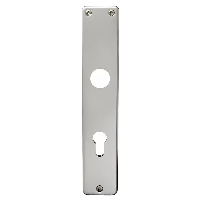Lienbacher Langschild Europa - Silber, Profilzylinder PZ, Langschild - Verchromtes Türbeschlag mit ovaler Griffaussparung und Profilzylinderloch, mit vier Schrauben befestigt.