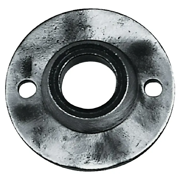 Lienbacher Drückerrosette 374 - Rund, Schmiedeeisen, 2 Stk. - Das Bild zeigt eine Flanschmutter aus Metall. Sie ist kreisförmig und hat zwei Löcher für die Befestigung.