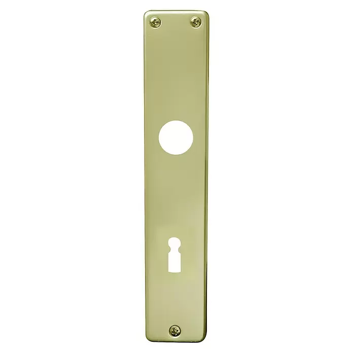 Lienbacher Langschild Europa - Gold, Buntbart BB, Langschild - Goldfarbene, rechteckige Türplatte aus Metall mit ovaler Grifföffnung, Schlüsselloch und drei Schrauben.