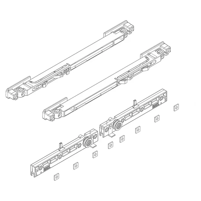Diamond Doors Zubehör-Set Linea 60 2.0 - Passend für: Diamond Doors Glasschiebetür-Beschlag Linea 60 2.0, Traglast: 80 kg - Isometrische Strichzeichnung von drei Metall-Schubladenschienen in zerlegtem Zustand, Bauteile zeigend.