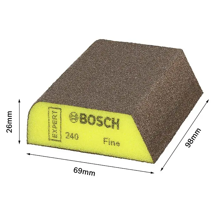 Bosch Professional Expert Schleifschwamm S470 - Korngröße: Fein, 1 Stk., L x B x H: 97 x 69 x 26 mm - Nahaufnahme eines Schleifschwamms von Bosch mit den Maßen 26mm Höhe, 69mm Länge und 98mm Breite.