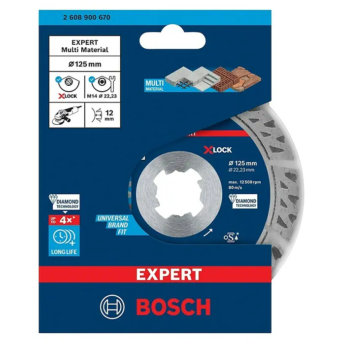 Bosch Professional X-Lock Diamant-Trennscheibe Expert for MultiMaterial - Durchmesser Scheibe: 125 mm - Abbildung der Bosch Expert Multi Material Trennscheibe, Durchmesser 125 mm, geeignet für diverse Materialien, mit X-LOCK System und langer Lebensdauer.