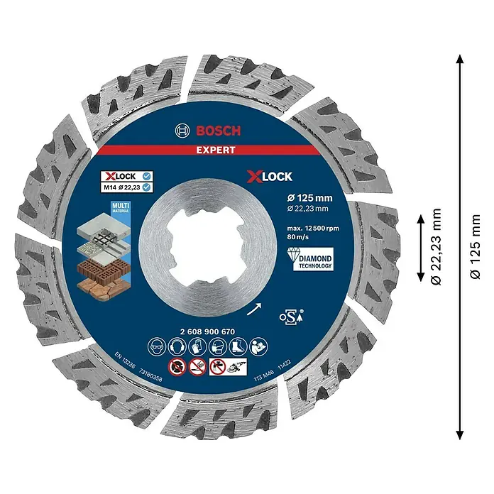 Bosch Professional X-Lock Diamant-Trennscheibe Expert for MultiMaterial - Durchmesser Scheibe: 125 mm - Abbildung einer Bosch Expert X-LOCK Trennscheibe mit den Maßen Ø 125 mm und Ø 22,23 mm, geeignet für verschiedene Materialien.