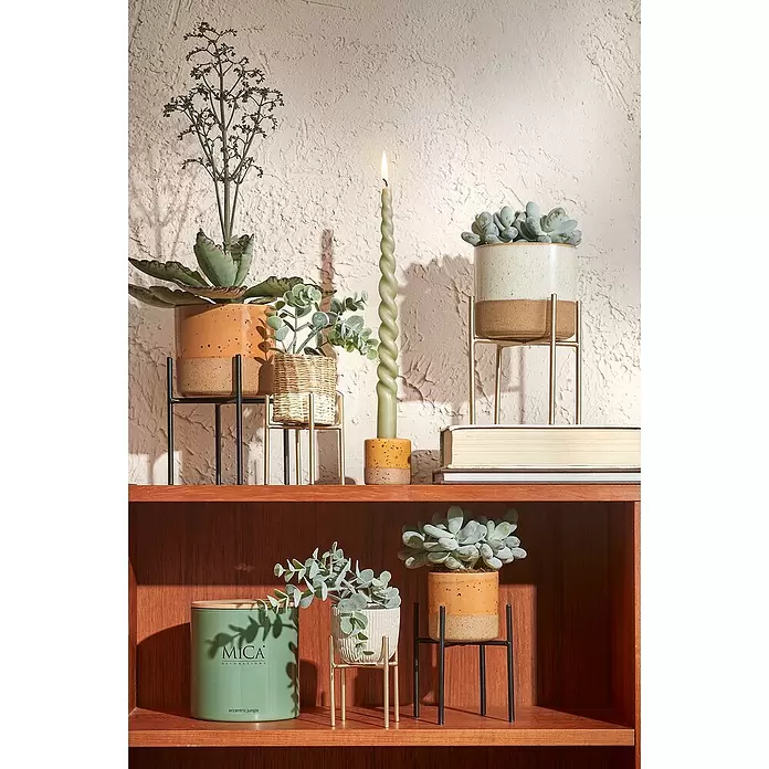Mica Decorations Übertopf rund Lago - Außenmaß (Ø x H): 16 x 14,5 cm, Keramik, Weiss - Verschiedene Ziertöpfe mit Pflanzen und Metallständern, zusammen mit Kerzen und Kerzenhaltern, auf Holzregalen arrangiert.