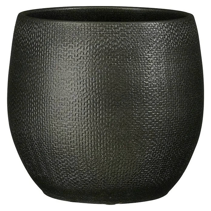 Mica Decorations Übertopf rund Porto - Außenmaß (Ø x H): 22,5 x 23 cm, Anthrazit Metallic, Polyester - Nahaufnahme eines schwarzen Pflanzgefäßes mit einer markanten gewebten Textur. Das Gefäß hat eine ovale Form und eine glatte Oberfläche.