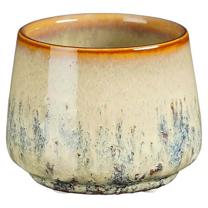 Mica Decorations Übertopf Mylo - Außenmaß (Ø x H): 8,5 x 7 cm, Beige, Keramik - Nahaufnahme einer Keramiktasse mit braunem Rand und gesprenkeltem, beigem Finish, ideal für heiße Getränke oder als dekoratives Element.