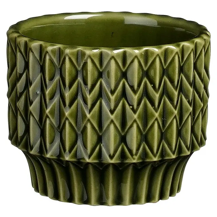 Mica Decorations Übertopf rund Lauria - Außenmaß (Ø x H): 7,5 x 6 cm, Dunkel Grün, Keramik - Grüner, verzierter Übertopf mit Rautenmuster für Zimmerpflanzen. Dekoratives Pflanzgefäß zur stilvollen Präsentation von Blumen und Kräutern.