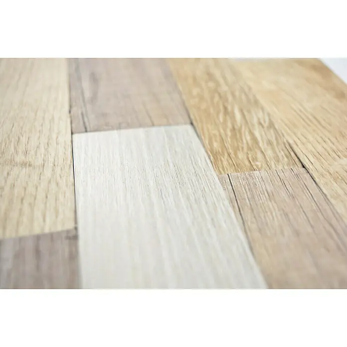 Selbstklebemosaik SAM 4WVHH - 60 x 15,2 cm, Hellbraun, Matt - Nahaufnahme des Bodenbelags aus verschiedenen Holztönen, die ein warmes und einladendes Muster erzeugen.