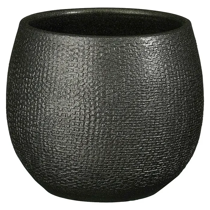 Mica Decorations Übertopf rund Porto - Außenmaß (Ø x H): 14 x 14 cm, Anthrazit Metallic, Polyester - Nahaufnahme eines schwarzen Pflanzgefäßes mit strukturierter Oberfläche, ideal für Zimmerpflanzen und moderne Dekoration.