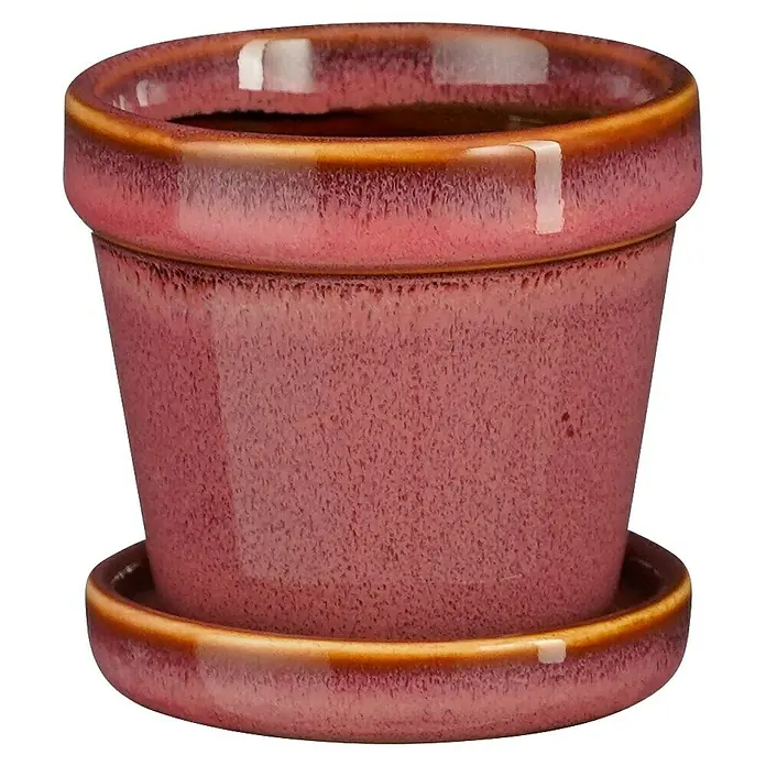 Mica Decorations Übertopf rund Clint - Außenmaß (Ø x H): 7,5 x 7,5 cm, Rosa Orange, Keramik - Nahaufnahme eines glasierten Pflanzentopfes in Rosa und Braun mit passender Untertasse, der die Textur und das Design hervorhebt.