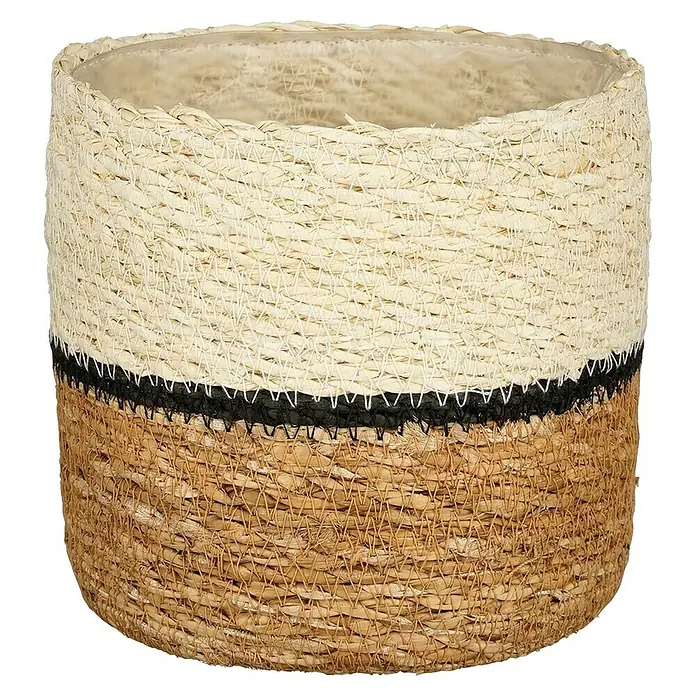 Mica Decorations Pflanzkorb Damian - Außenmaß (Ø x H): 14 x 14 cm, Naturmaterialien, Weiß - Ein runder, geflochtener Pflanztopf mit einem cremefarbenen Oberteil, einem schwarzen Band und einem braunen Unterteil, ideal für Zimmerpflanzen.