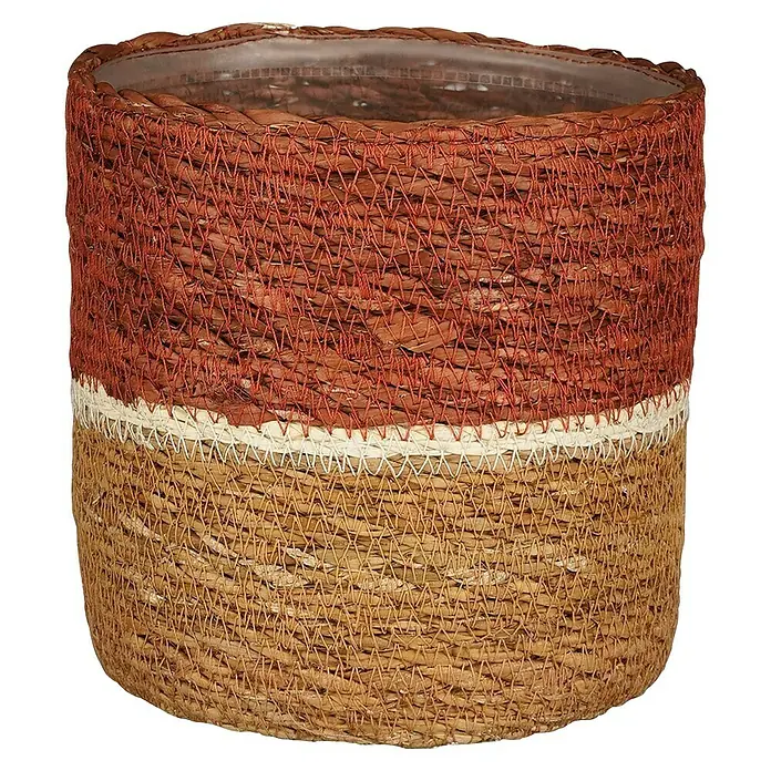 Mica Decorations Pflanzkorb Damian - Außenmaß (Ø x H): 14 x 14 cm, Naturmaterialien, Rot - Dekorativer runder Übertopf aus Wasserhyazinthe mit zweifarbiger Gestaltung und Kunststoff-Inneneinsatz.