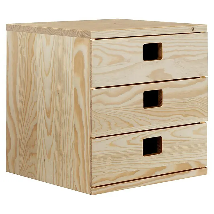 Astigarraga Dinamic Schubladenturm - 33 x 36,2 x 36,2 cm, Anzahl Schubladen: 3 Stk., Kiefernholz, Natur - Hölzerner Schubladenschrank mit drei Schubladen und quadratischen Griffen, perfekt für die Aufbewahrung.