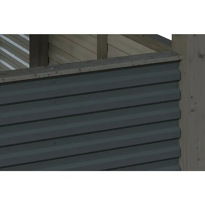 SKAN HOLZ Carport - Außenmaß inkl. Dachüberstand (B x T): 5,57 x 5,55 m, Doppelcarport, Schiefergrau - Nahaufnahme der grauen Wellblechverkleidung, die an einem Holzrahmen befestigt ist und die Textur und die Befestigungsdetails zeigt.