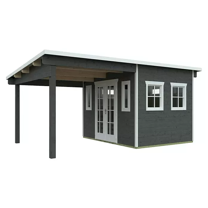 SKAN HOLZ Gartenhaus Dilbeek - Außenmaß inkl. Dachüberstand (B x T): 553 x 380 cm, Holz, Schiefergrau - Dunkelgraues Holzgartenhaus mit weißen Zierleisten, Fenstern und Doppeltüren, mit integriertem offenem Vordach.